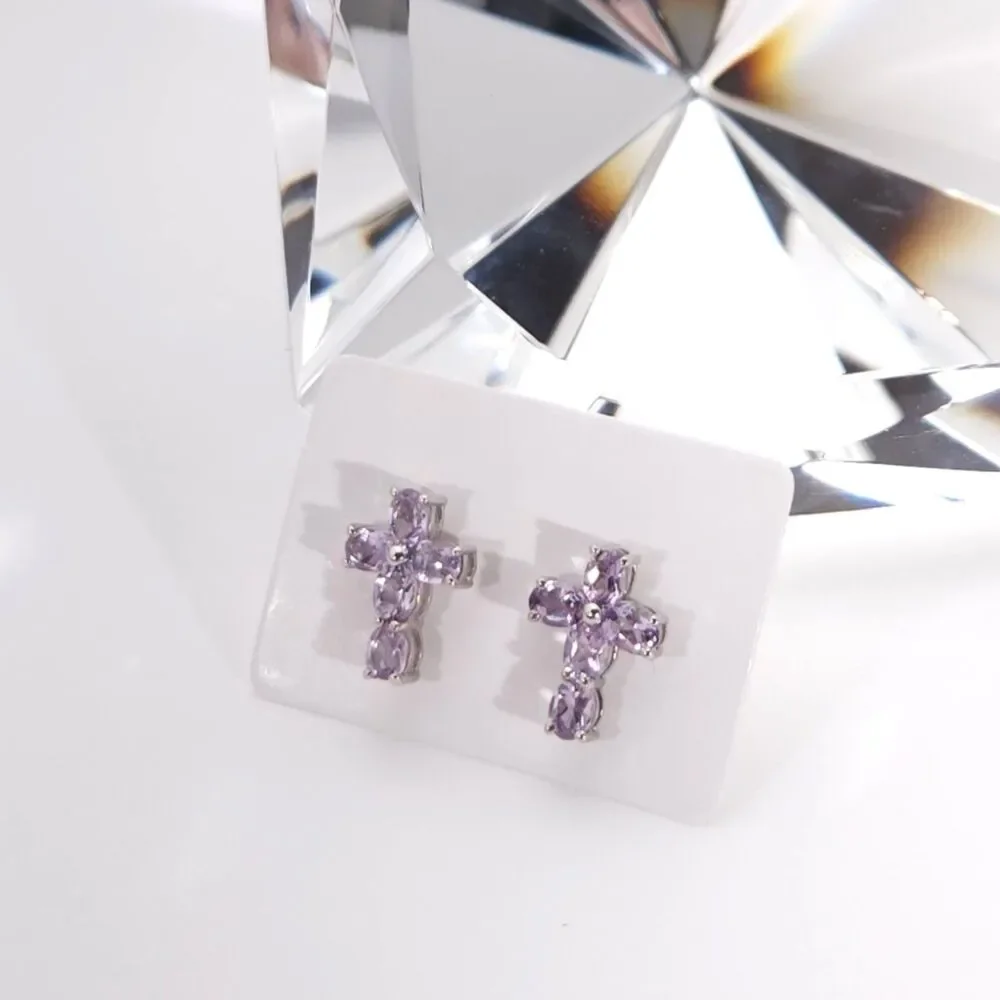 Amethyst Rose de France Cross Post Earrings